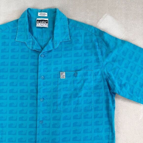 Vintage SURF GEAR Shirt Mens Large Blue Wave Pattern SS Camp Button Up - Picture 3 of 10